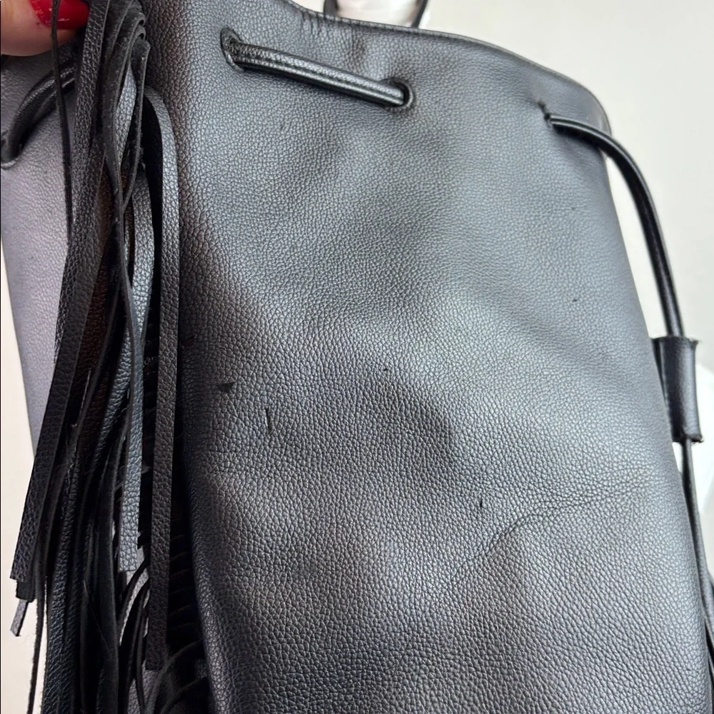 Victoria's Secret Black faux leather boho fringe bag backpack drawstring tote - Picture 9 of 13